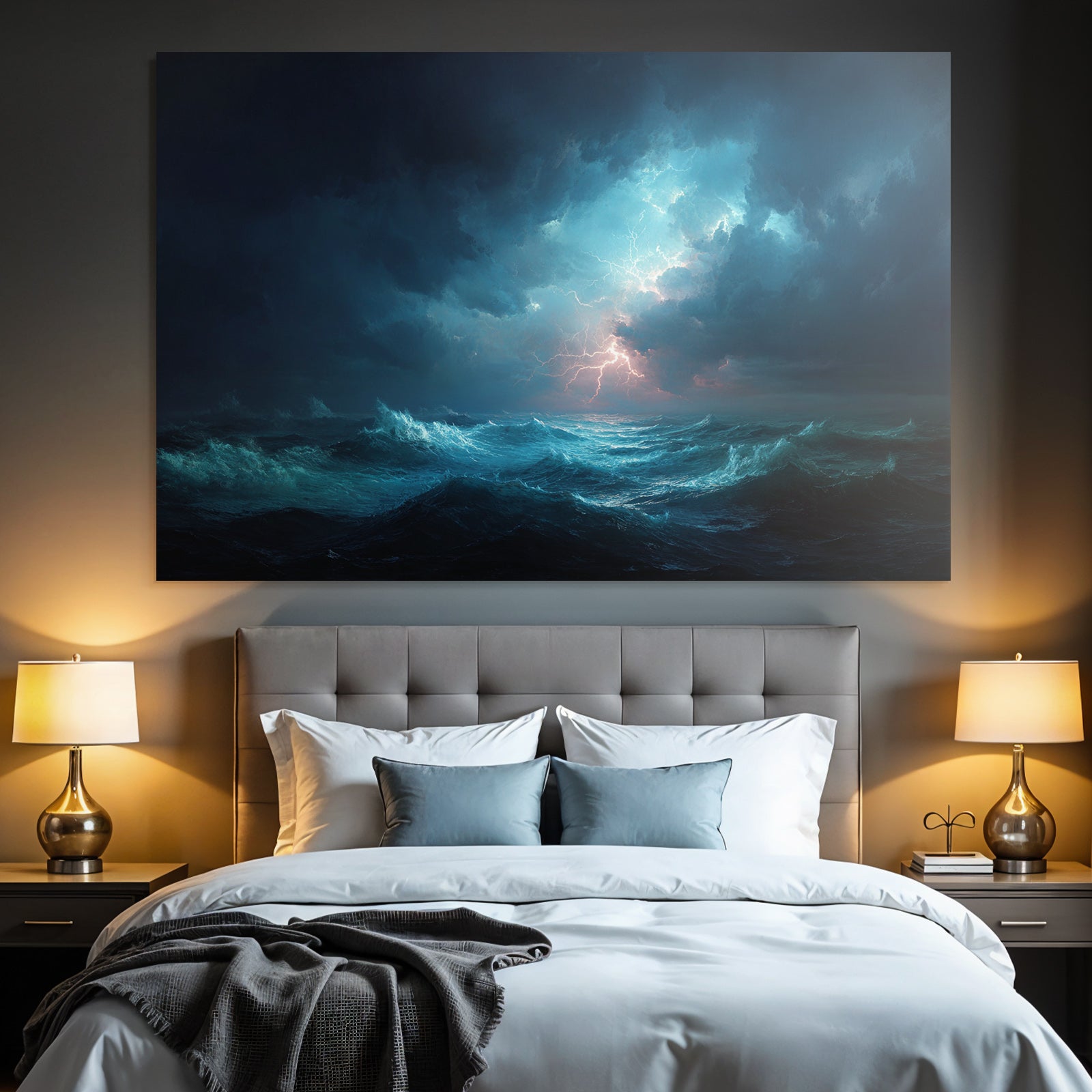Stormy sea with lightning and dark storm clouds