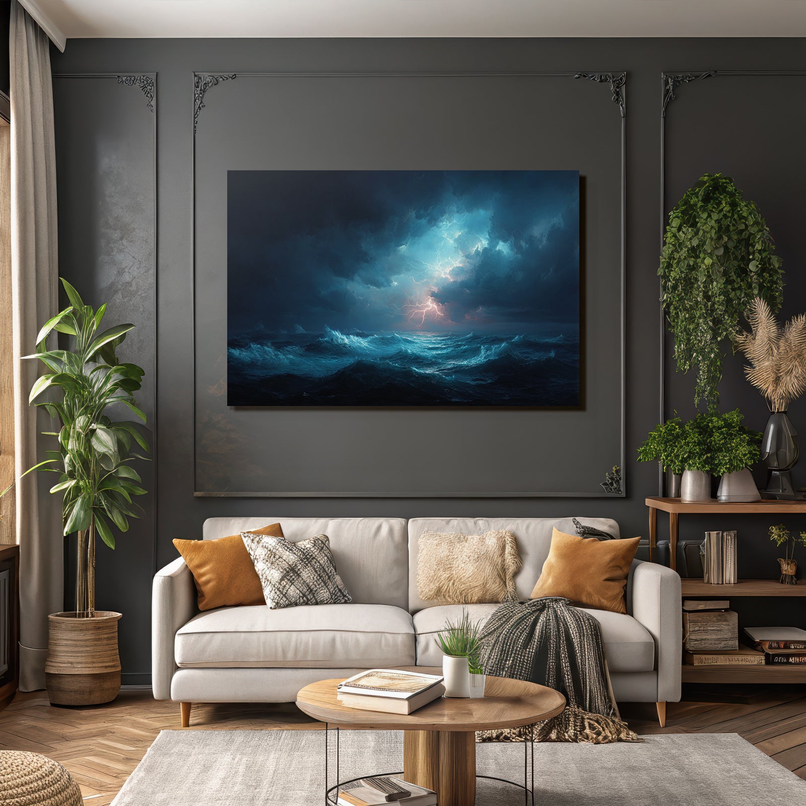 Stormy sea with lightning and dark storm clouds