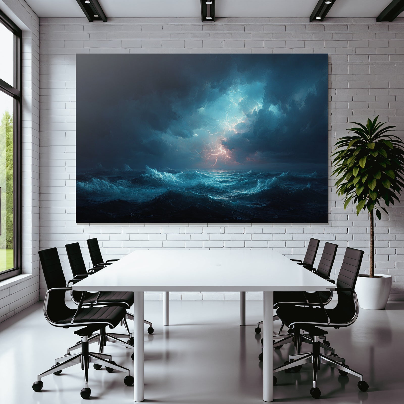 Stormy sea with lightning and dark storm clouds