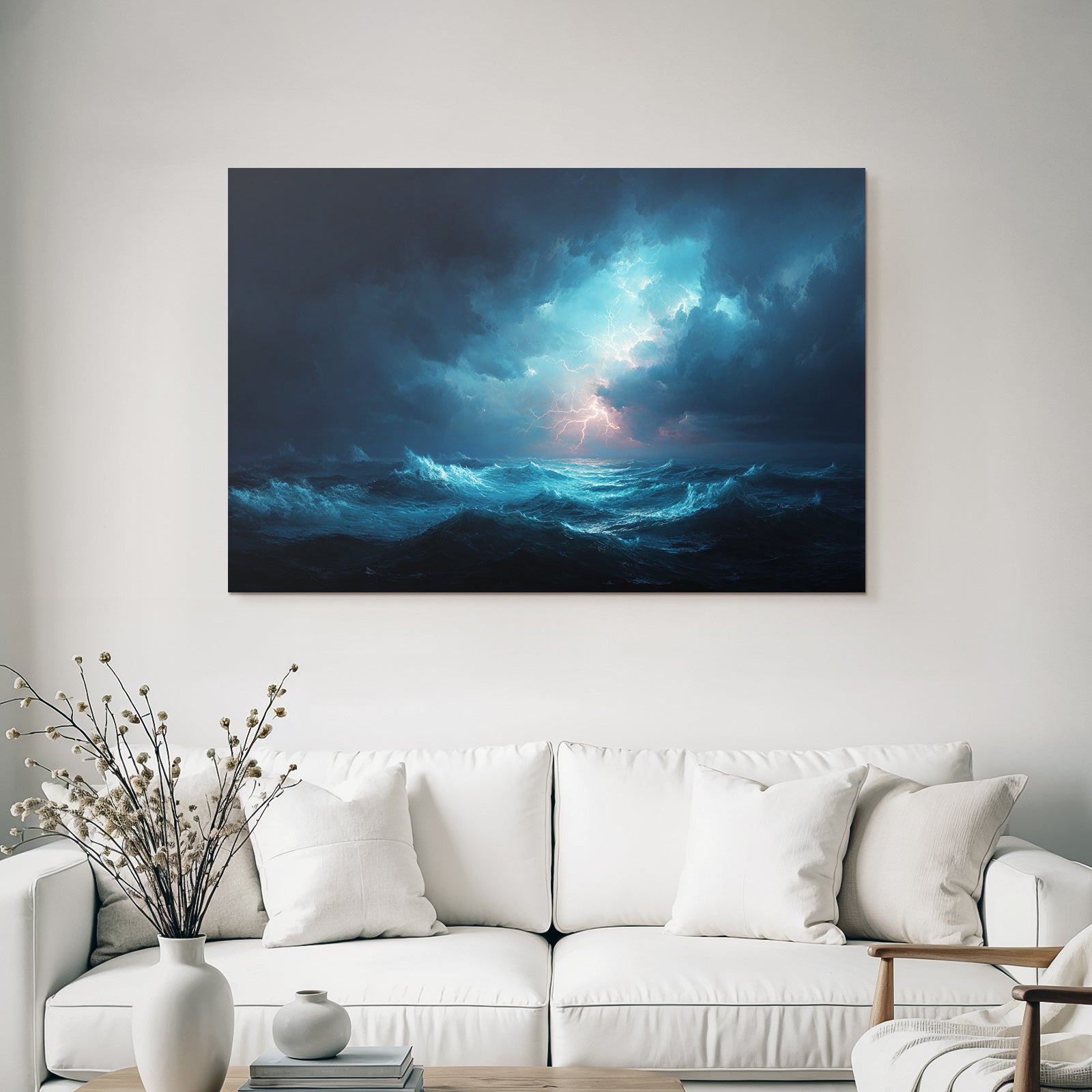 Stormy sea with lightning and dark storm clouds