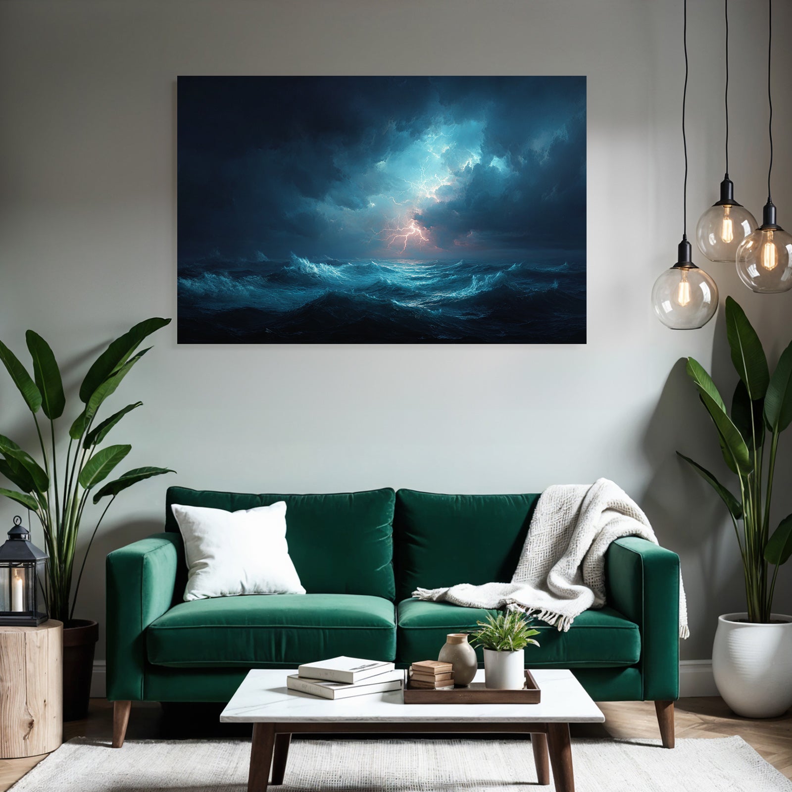 Stormy sea with lightning and dark storm clouds