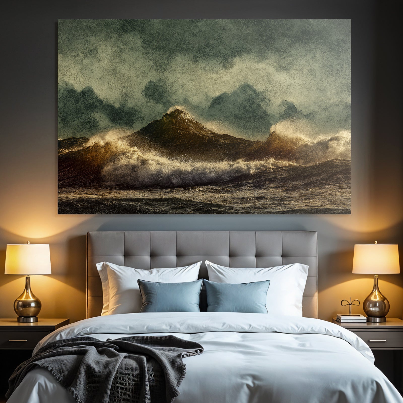 Stormy sea with high waves and rugged islands
