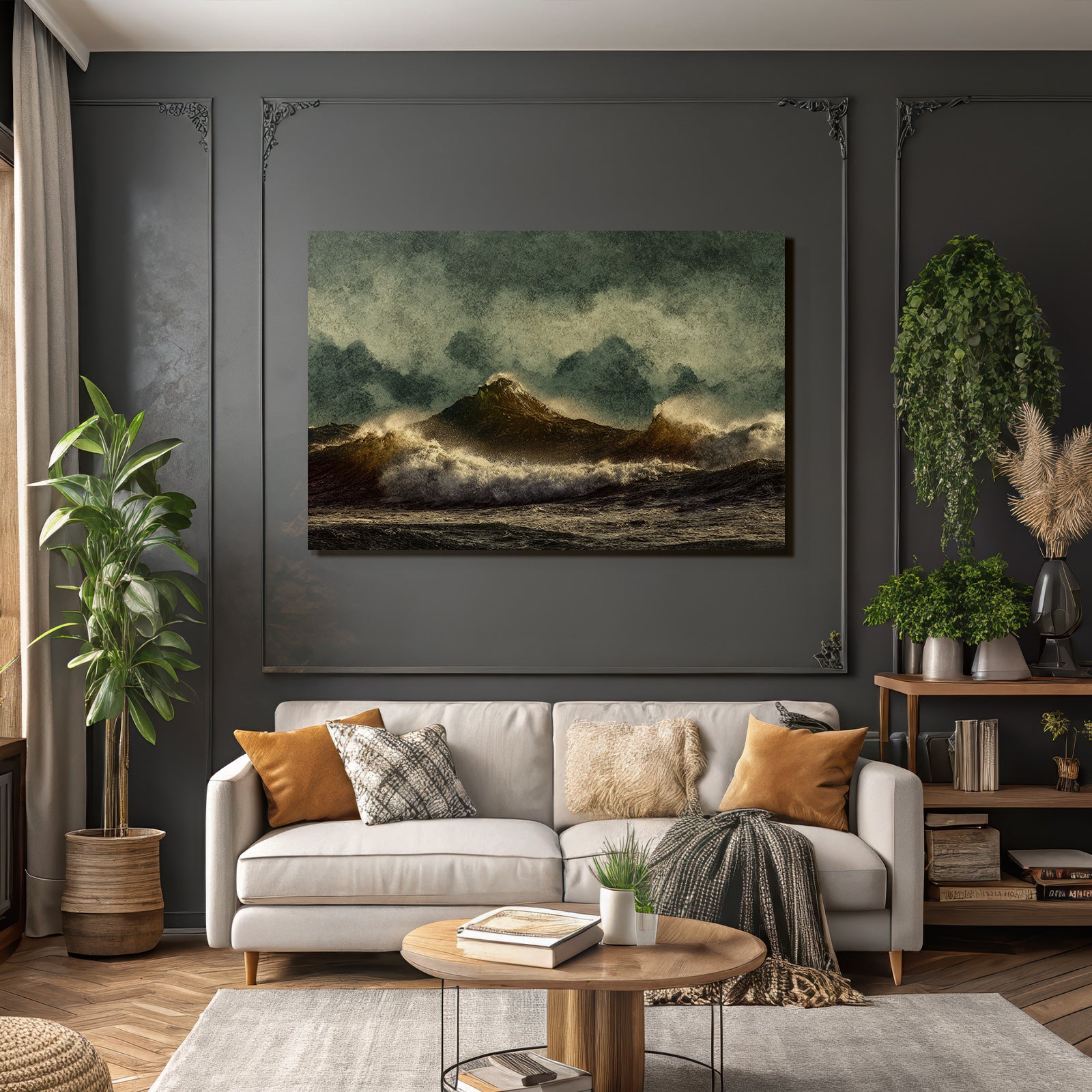 Stormy sea with high waves and rugged islands