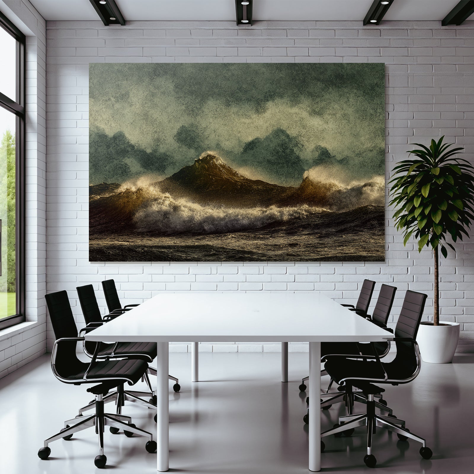 Stormy sea with high waves and rugged islands