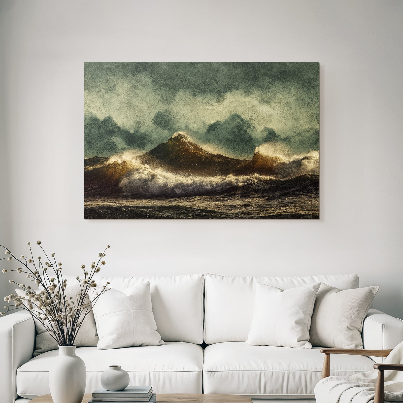 Stormy sea with high waves and rugged islands