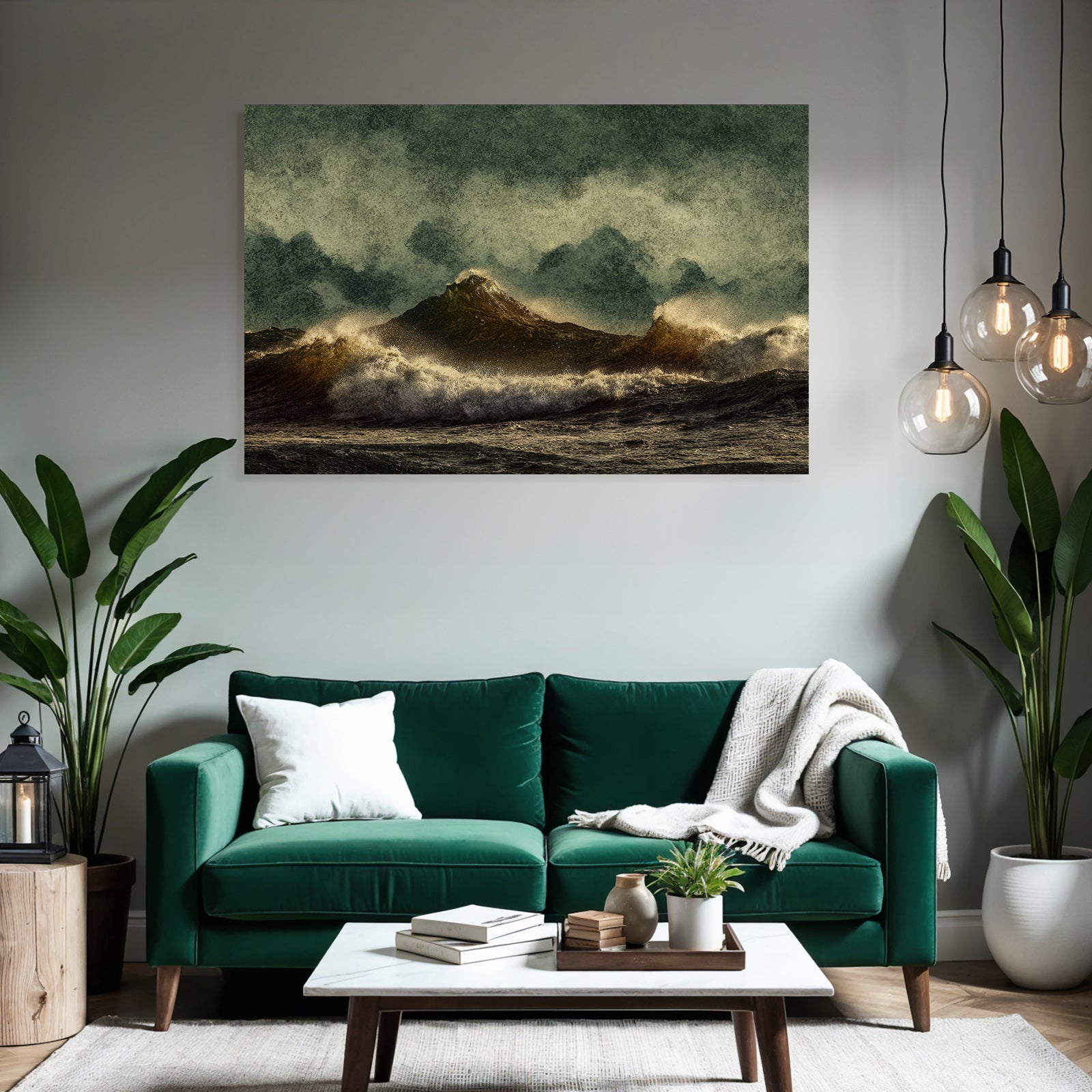 Stormy sea with high waves and rugged islands