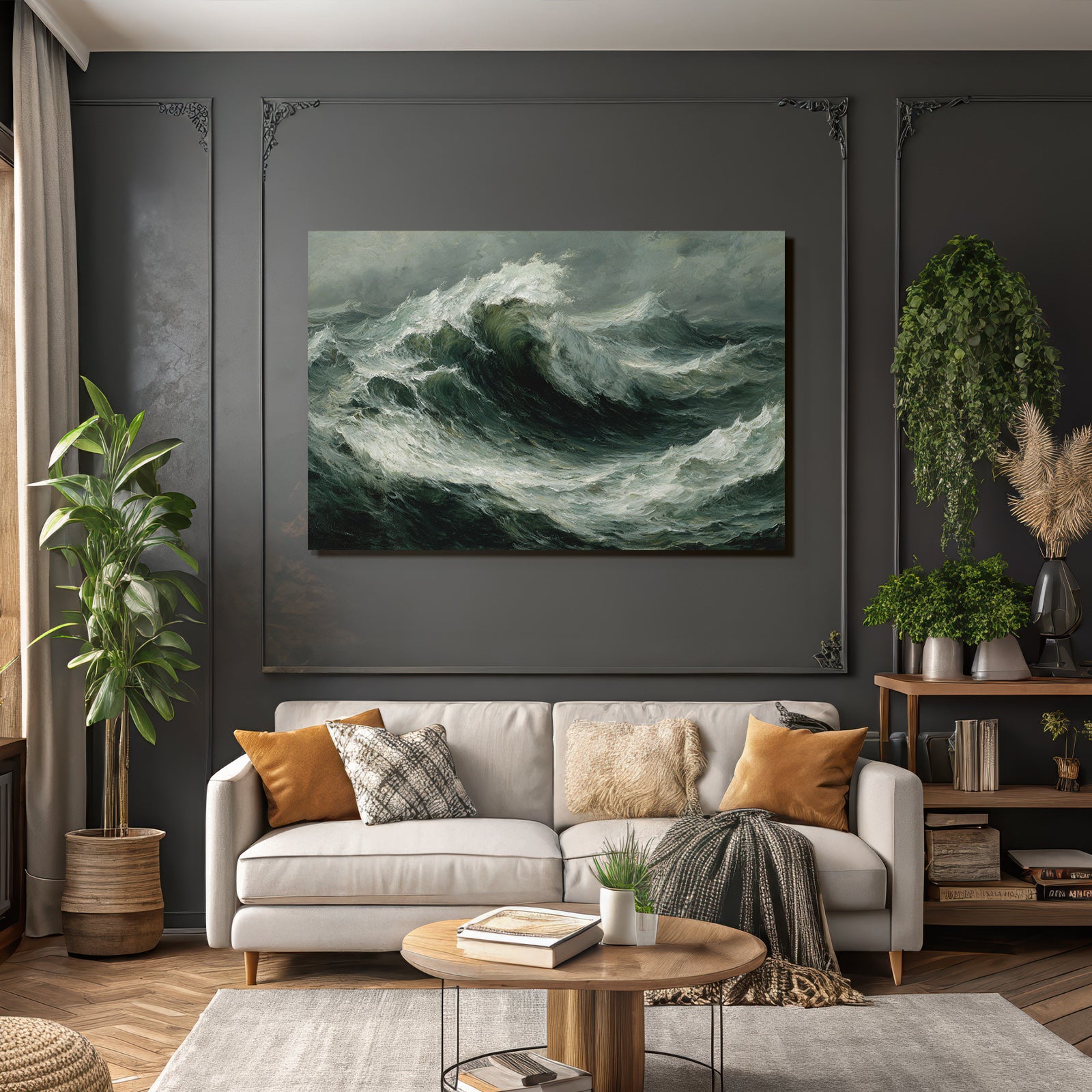 Stormy sea with whitecaps and dark cloudy sky