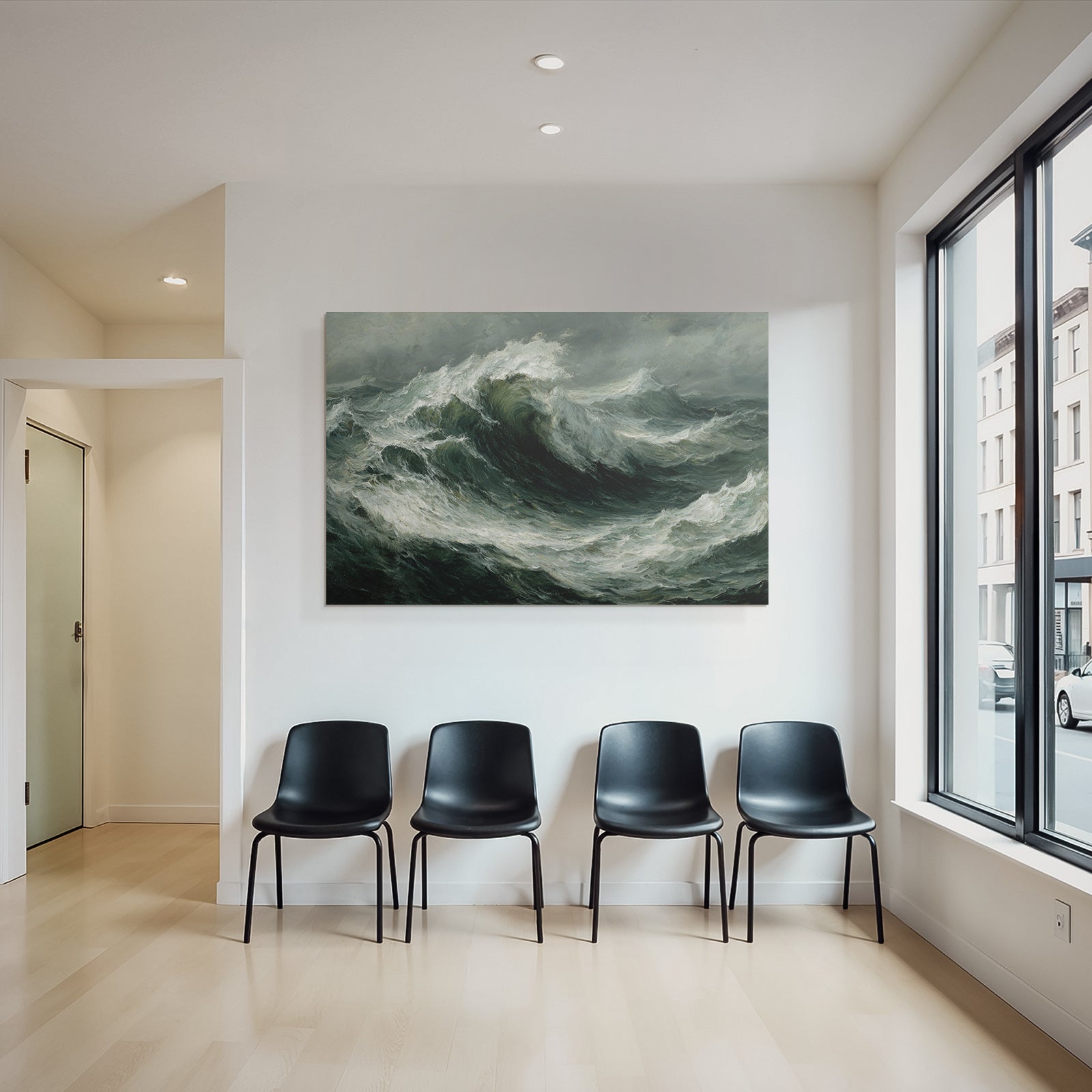 Stormy sea with whitecaps and dark cloudy sky