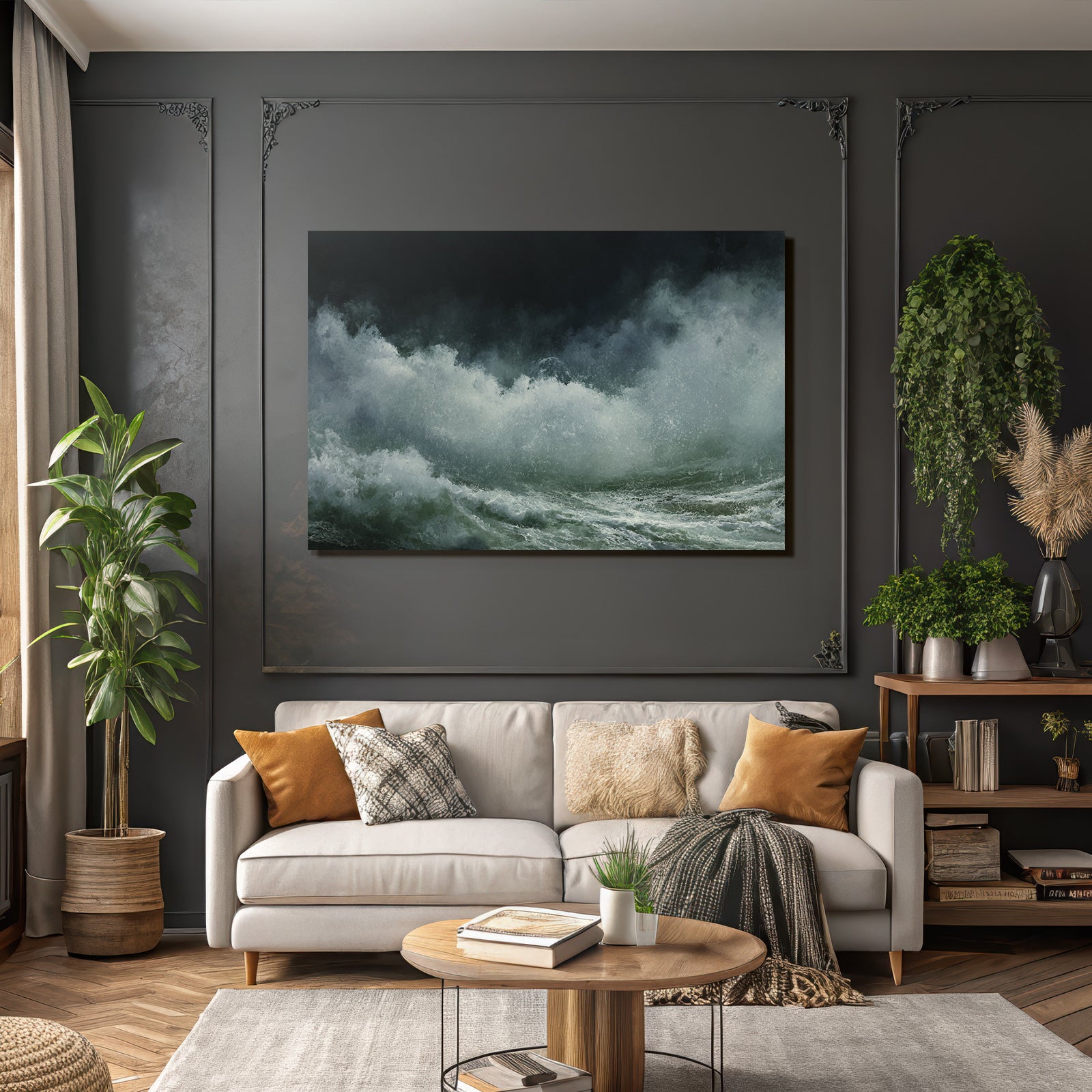 Stormy sea with roaring waves and dark sky