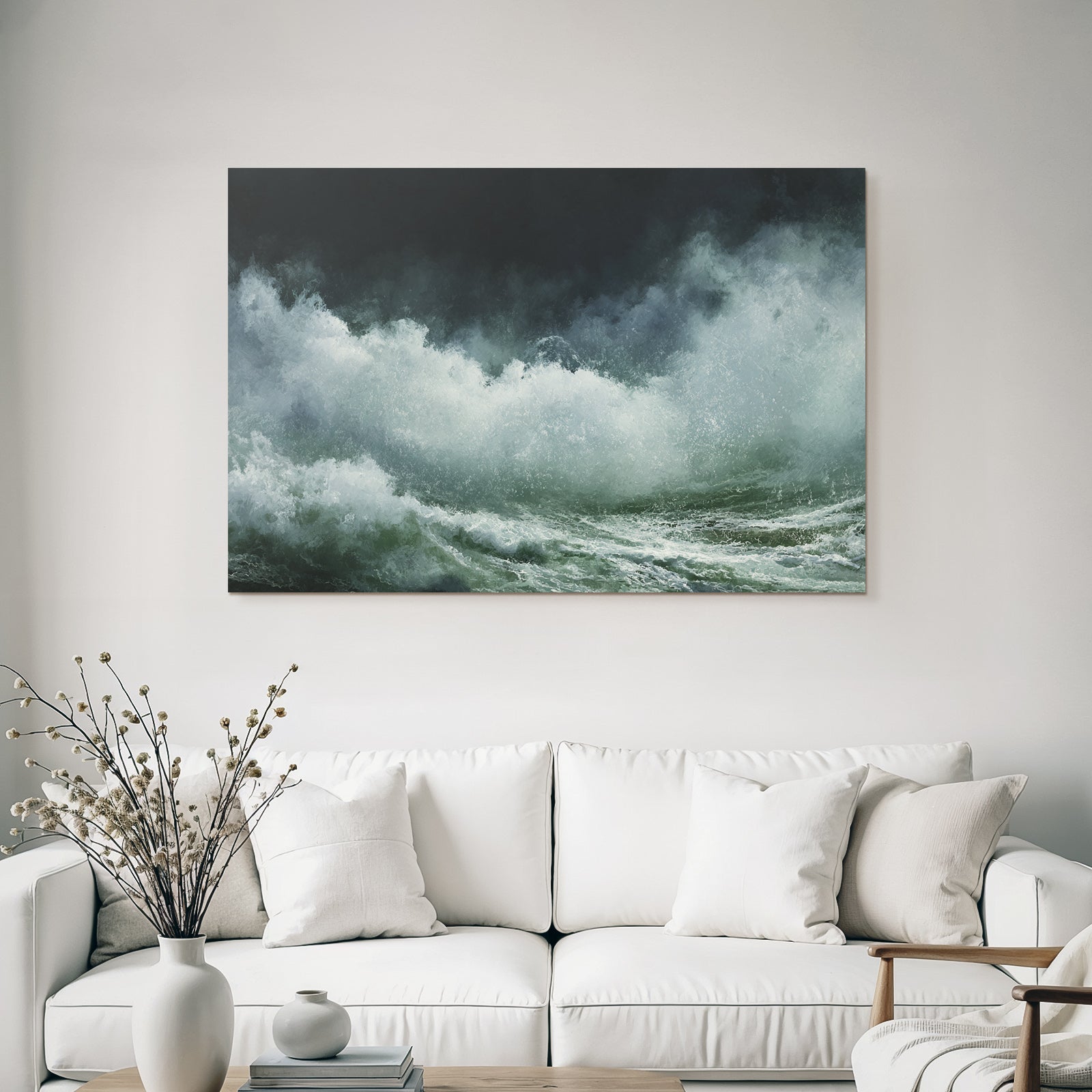 Stormy sea with roaring waves and dark sky