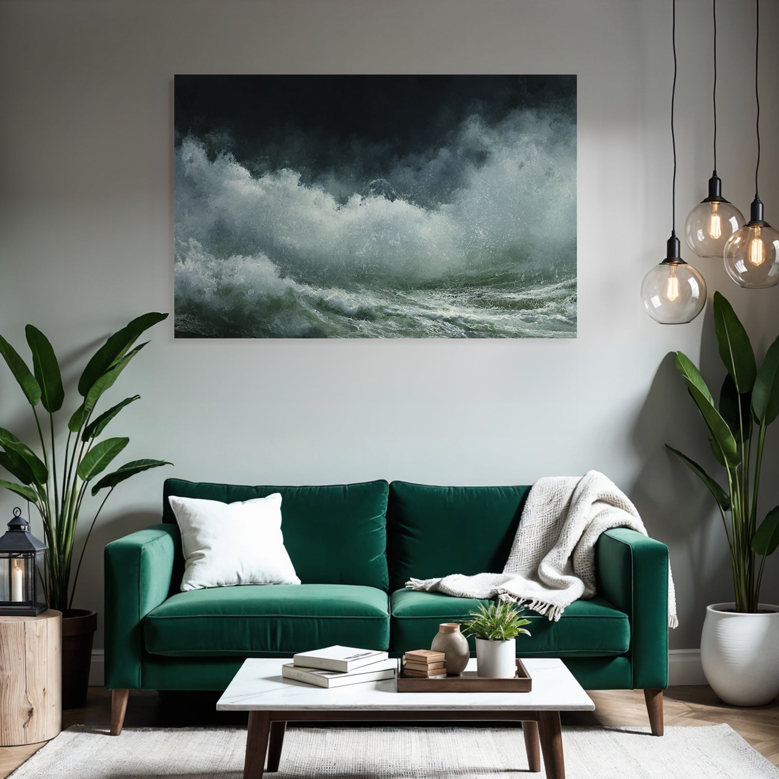 Stormy sea with roaring waves and dark sky