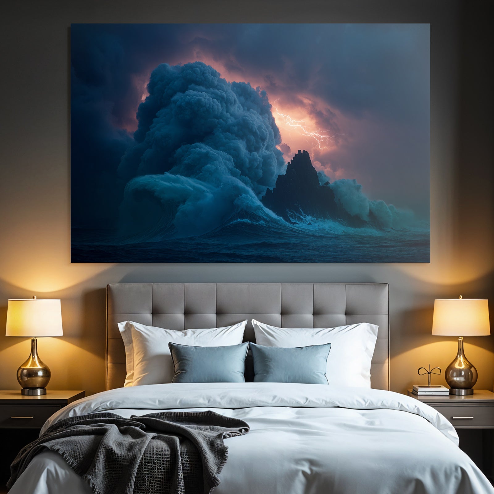 Stormy sea, waves against rocks, lightning, and dark clouds
