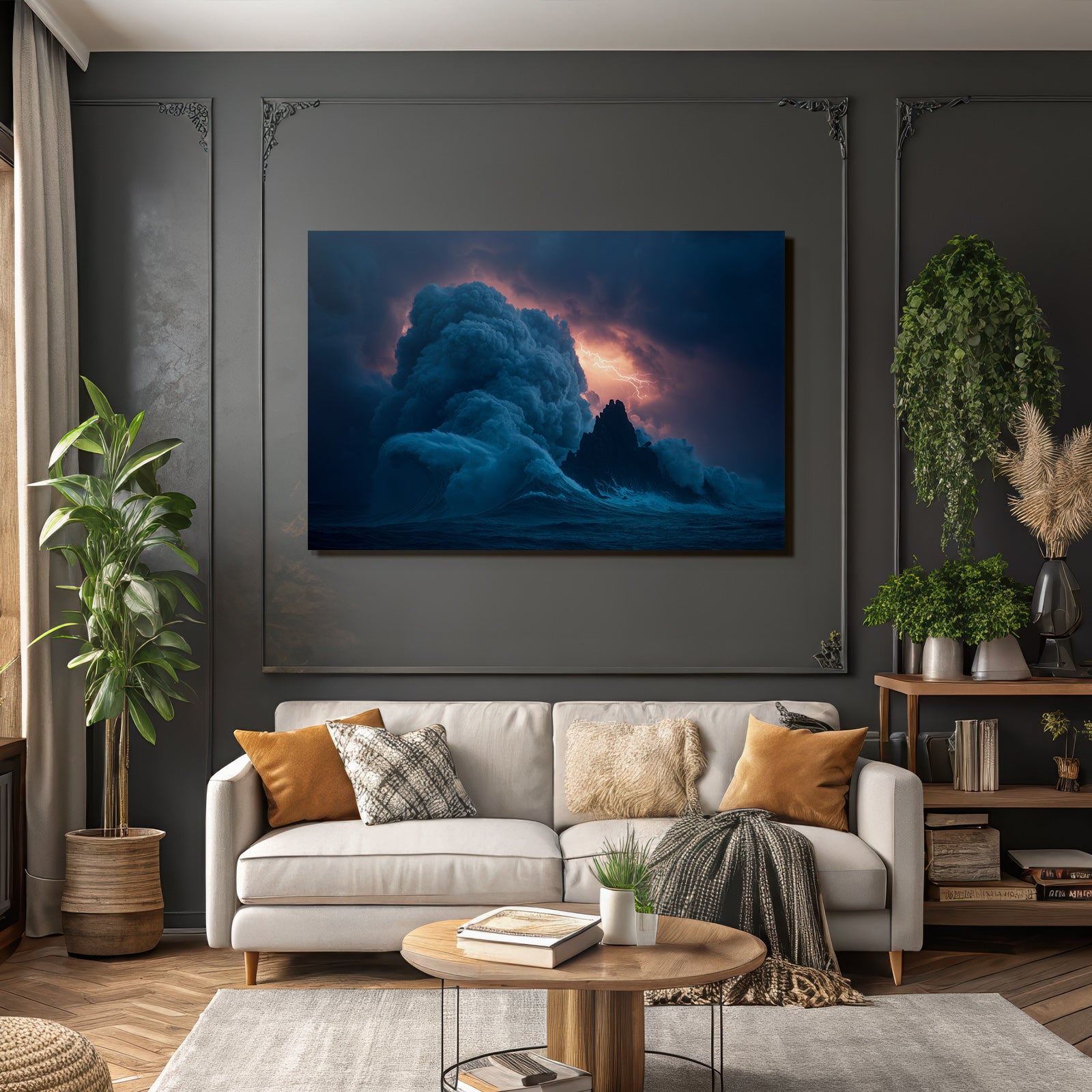 Stormy sea, waves against rocks, lightning, and dark clouds