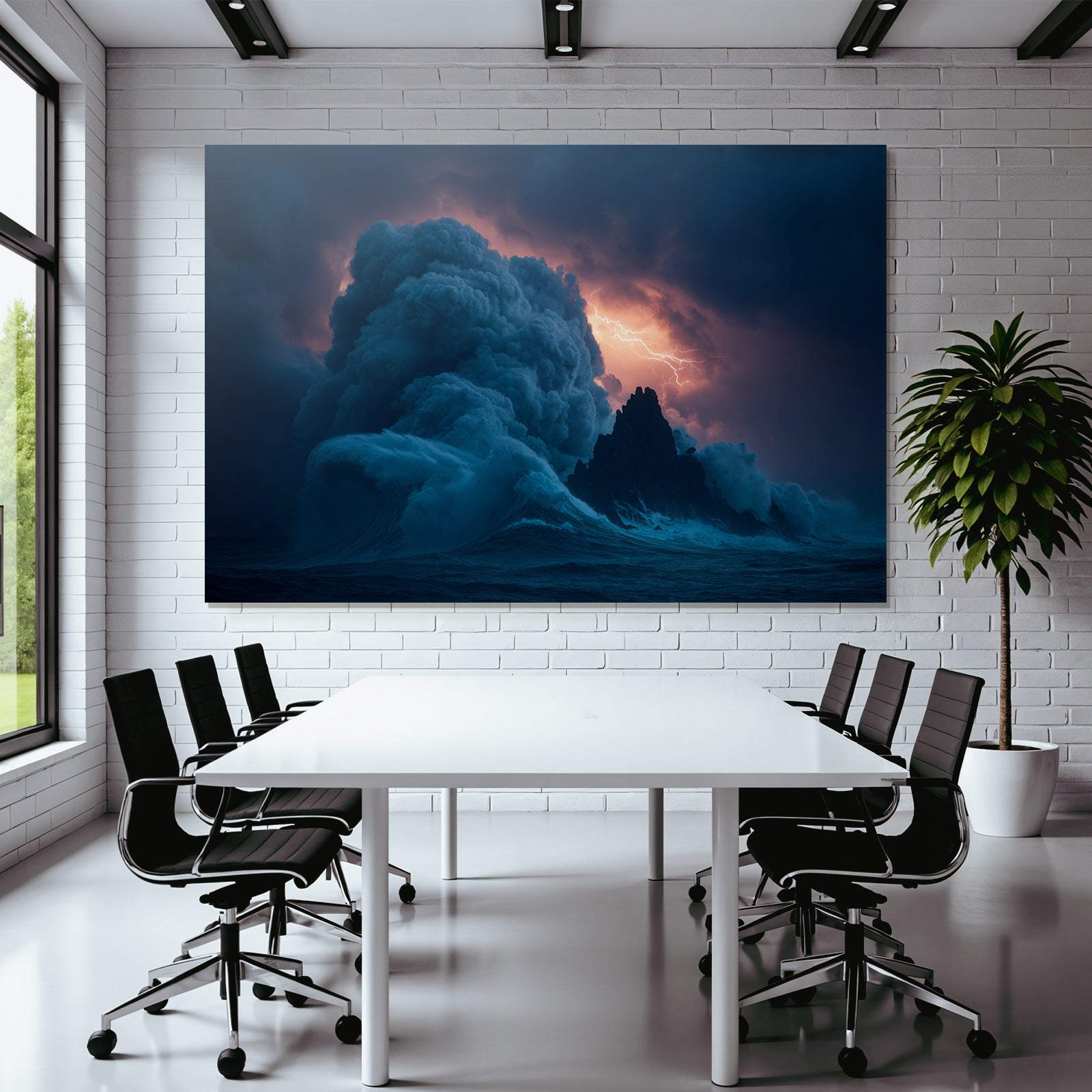 Stormy sea, waves against rocks, lightning, and dark clouds