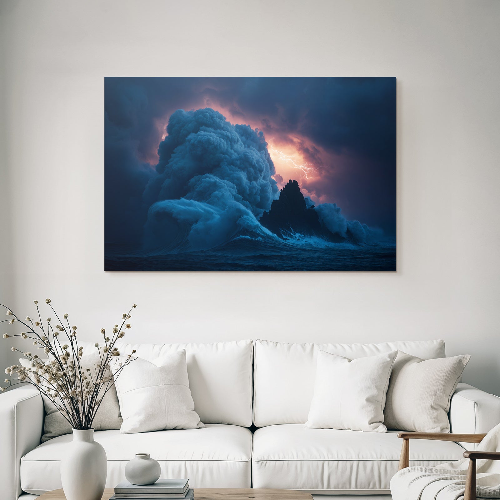 Stormy sea, waves against rocks, lightning, and dark clouds