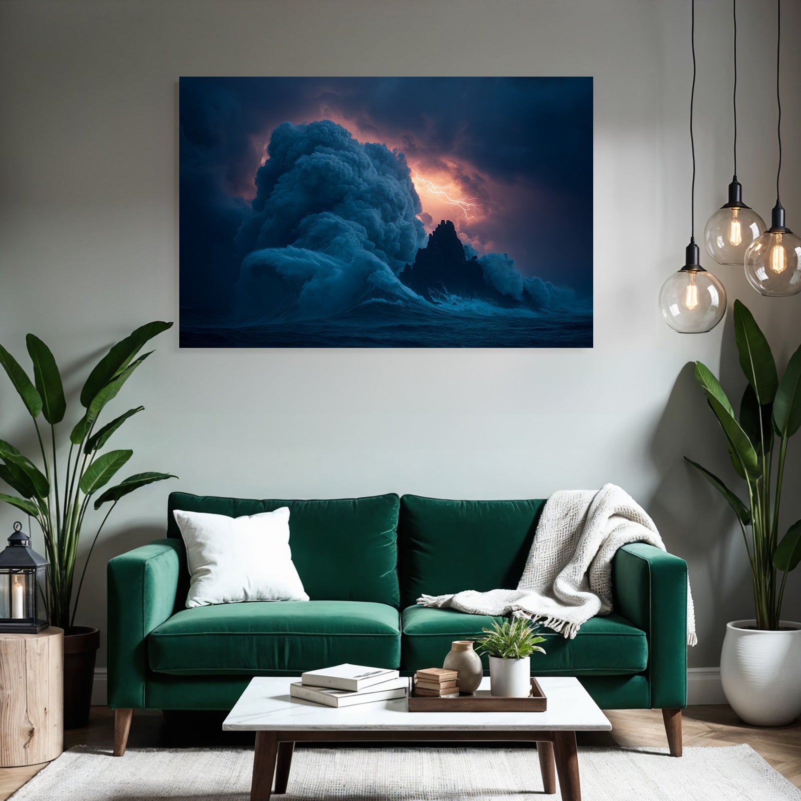 Stormy sea, waves against rocks, lightning, and dark clouds