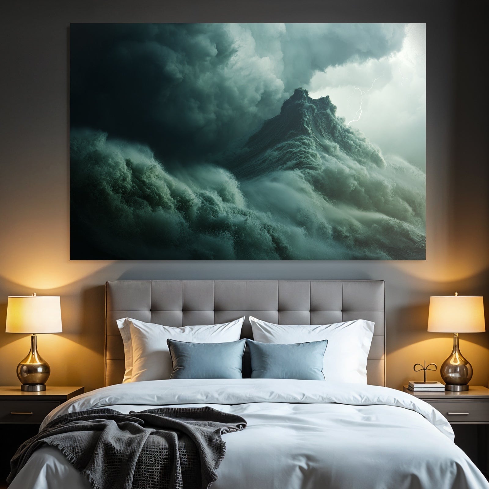 Storm waves on the open sea under a dark sky