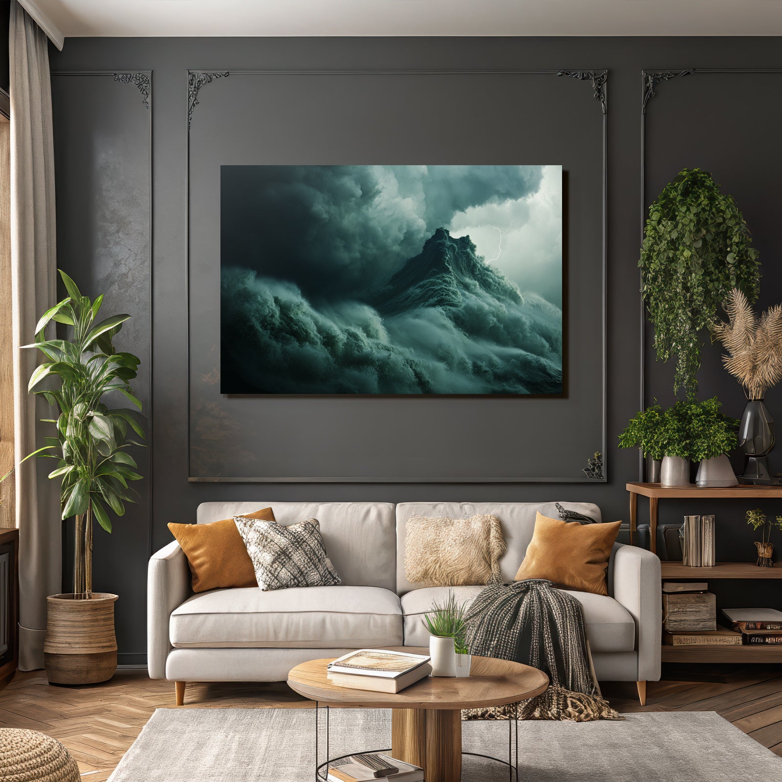 Storm waves on the open sea under a dark sky