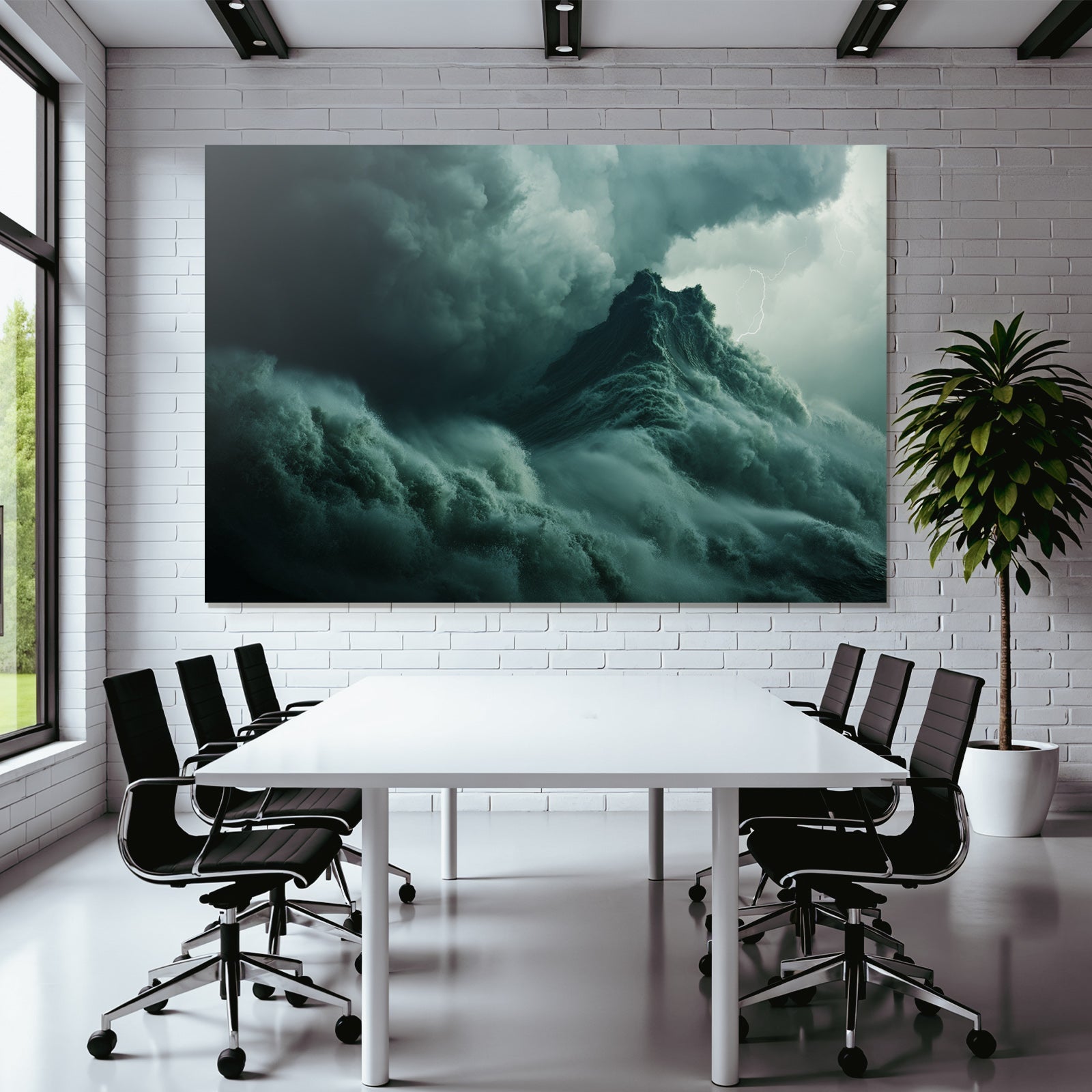 Storm waves on the open sea under a dark sky