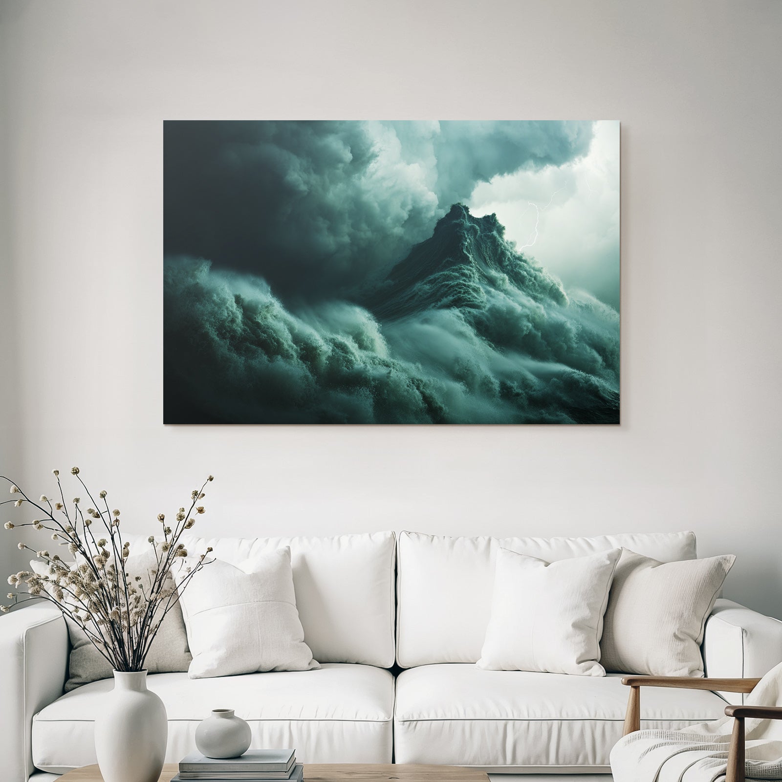 Storm waves on the open sea under a dark sky