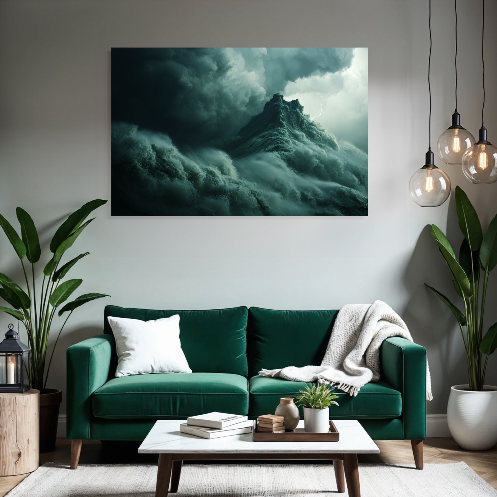 Storm waves on the open sea under a dark sky