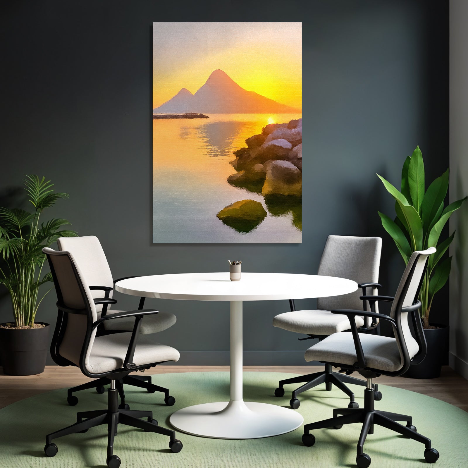 Sunset on the lake with mountains. Picturesque effect