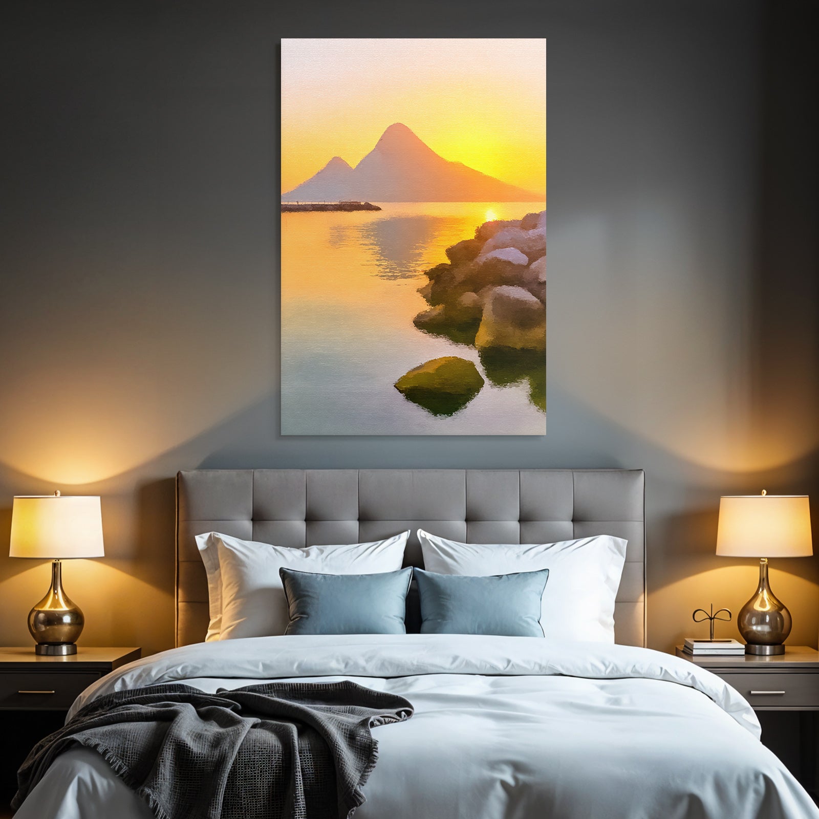 Sunset on the lake with mountains. Picturesque effect