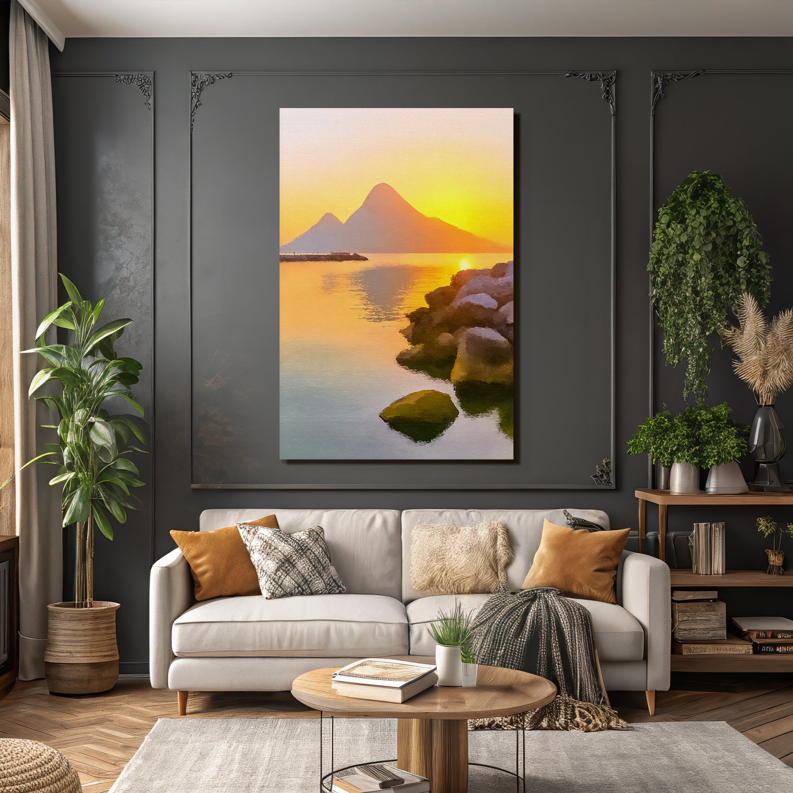 Sunset on the lake with mountains. Picturesque effect
