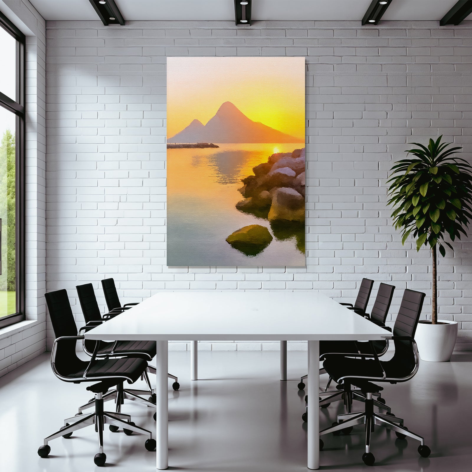 Sunset on the lake with mountains. Picturesque effect