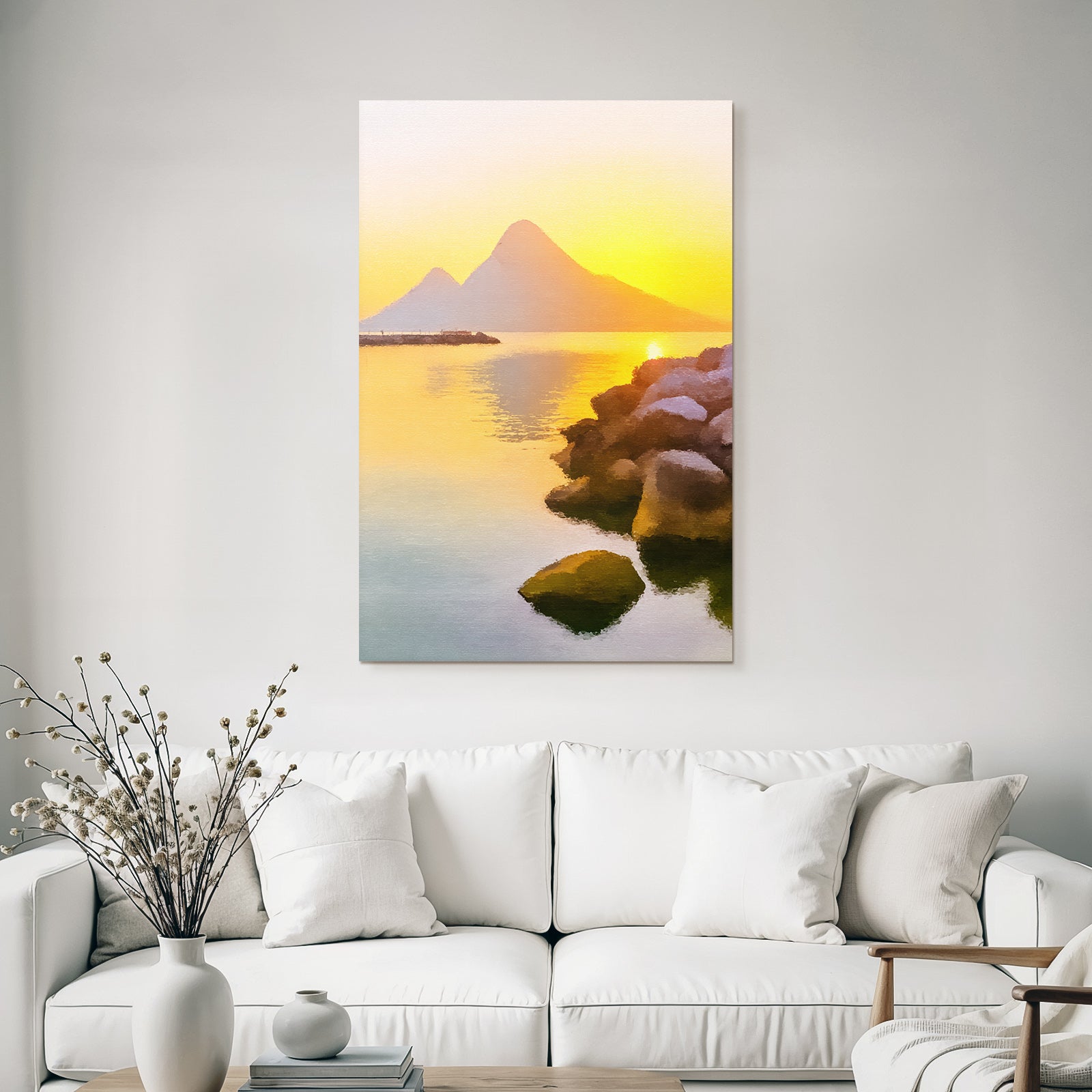 Sunset on the lake with mountains. Picturesque effect