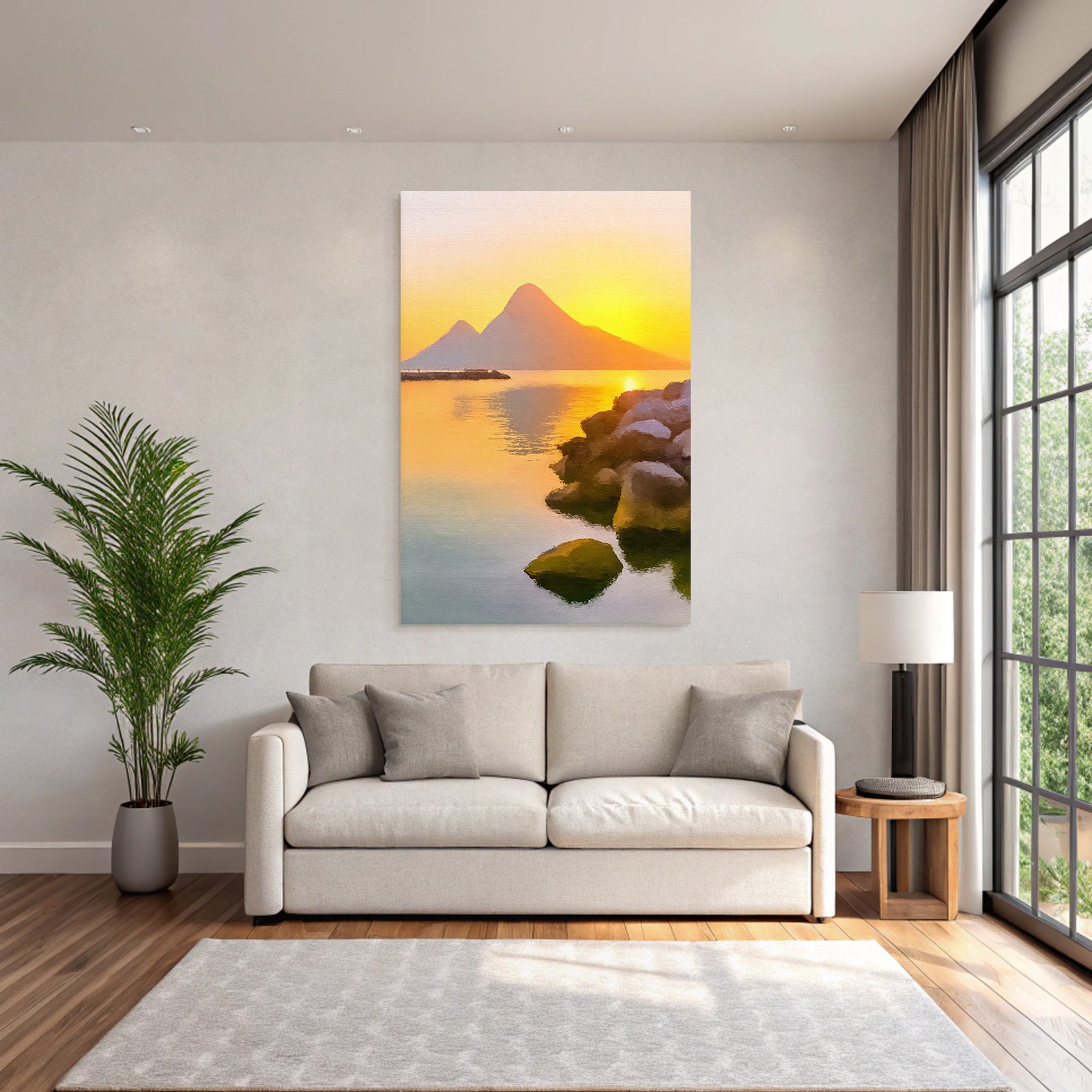 Sunset on the lake with mountains. Picturesque effect