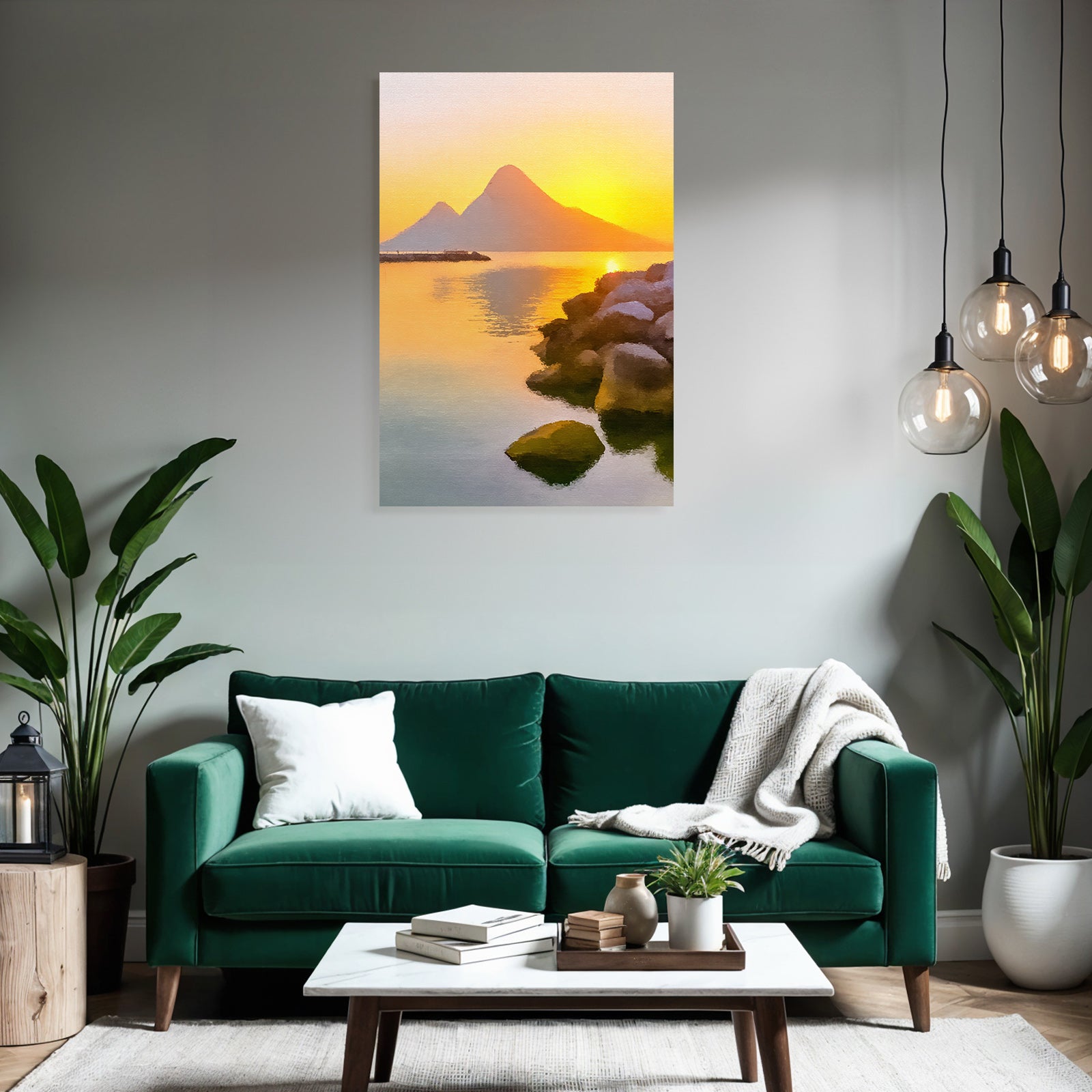 Sunset on the lake with mountains. Picturesque effect