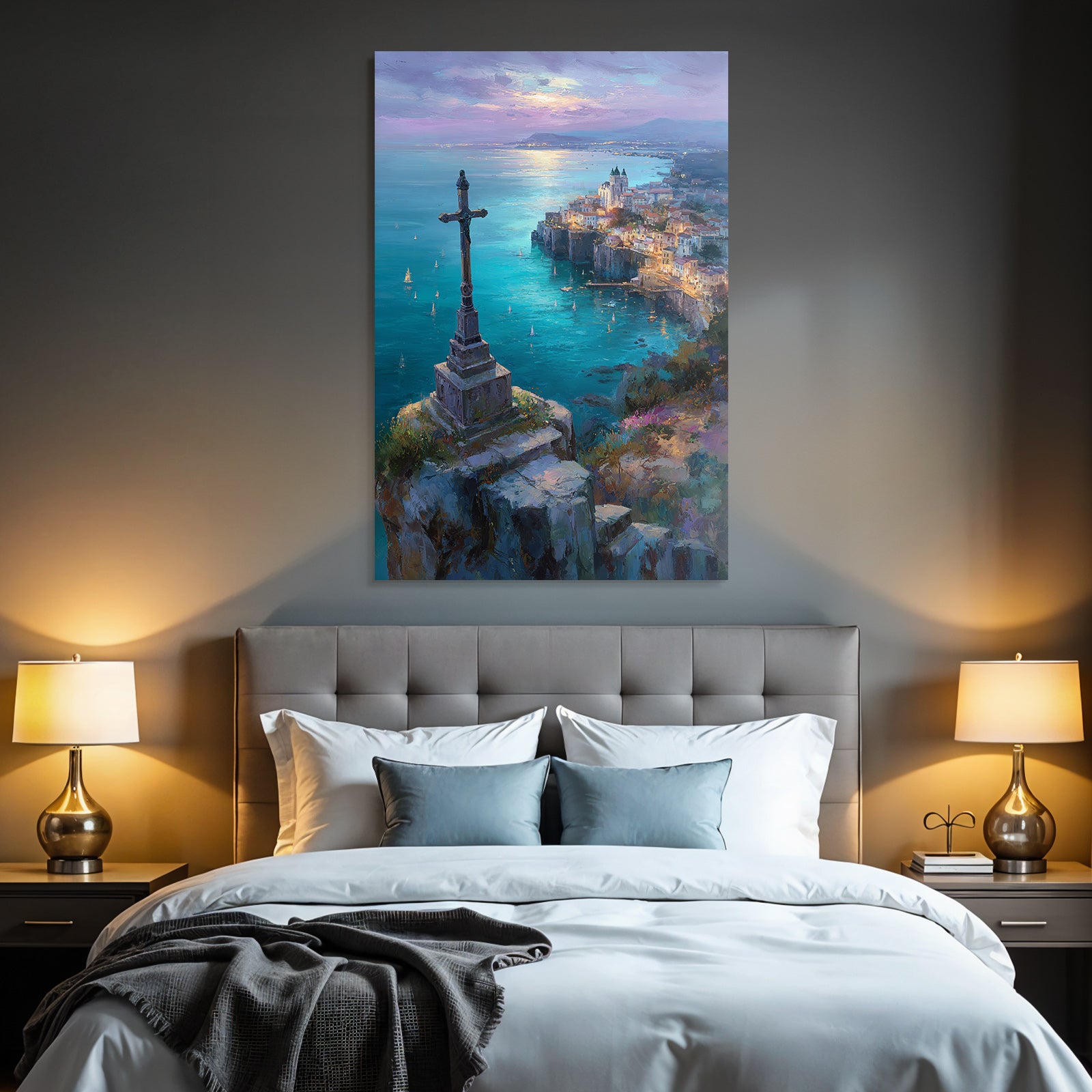 Sunset on the coast with cross on cliff