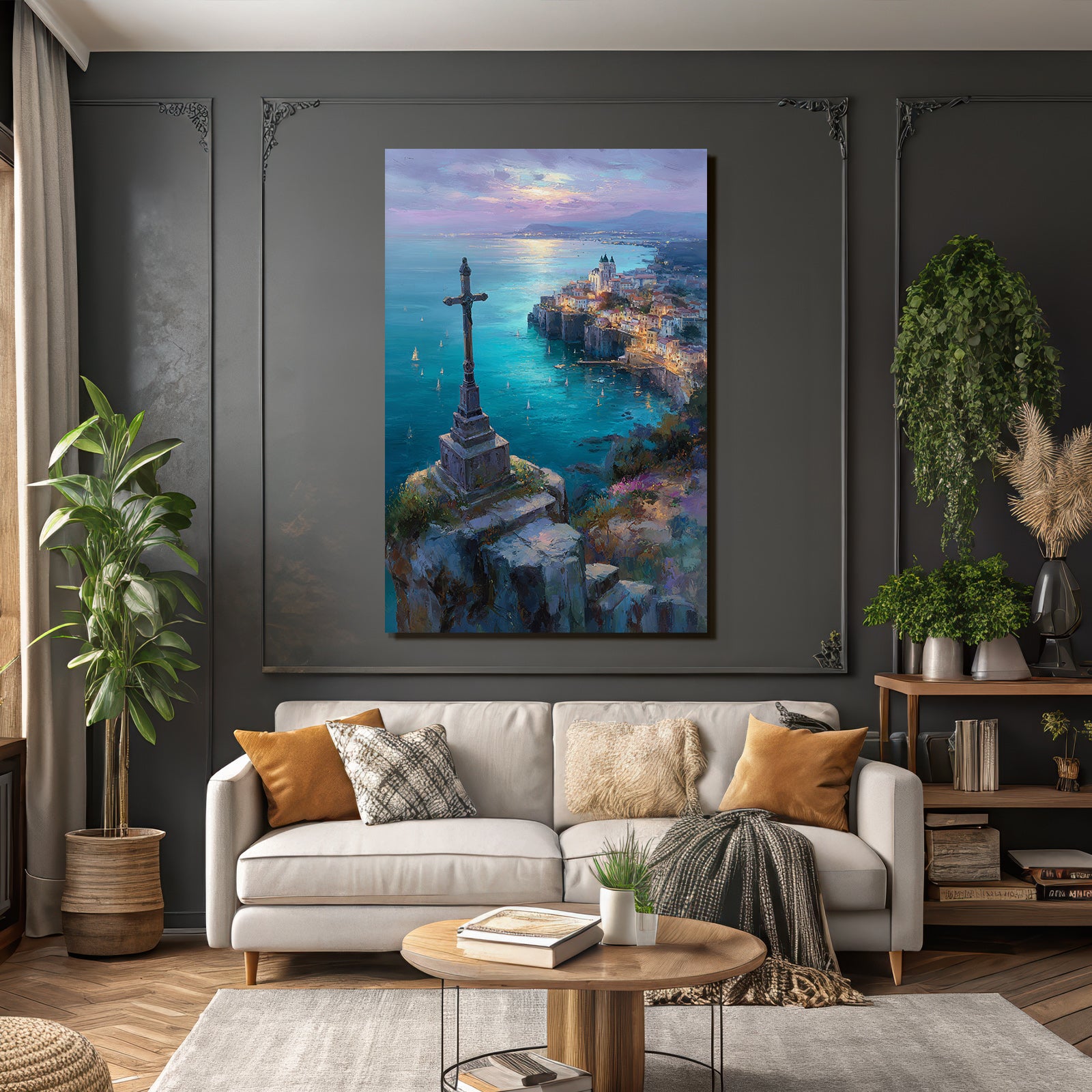 Sunset on the coast with cross on cliff