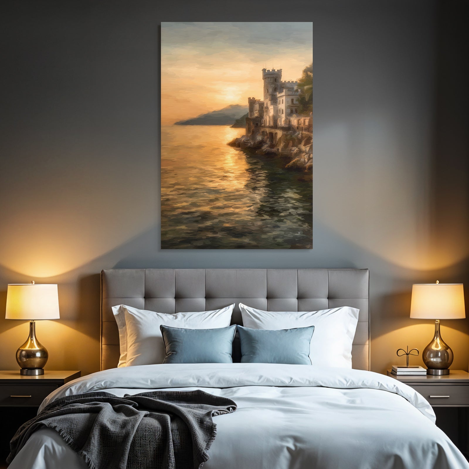 Sunset on the coast with a castle on rocky cliffs