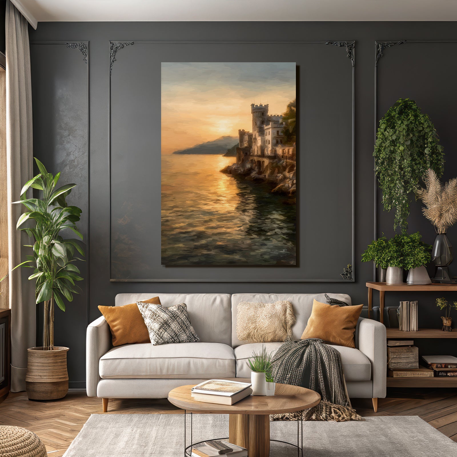 Sunset on the coast with a castle on rocky cliffs