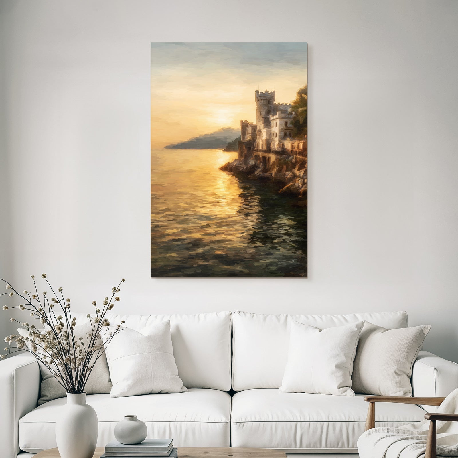 Sunset on the coast with a castle on rocky cliffs