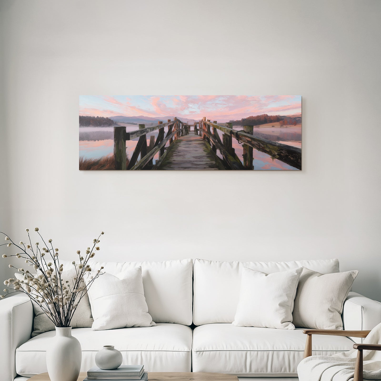 Sunrise on a wooden pier near mountains and calm water