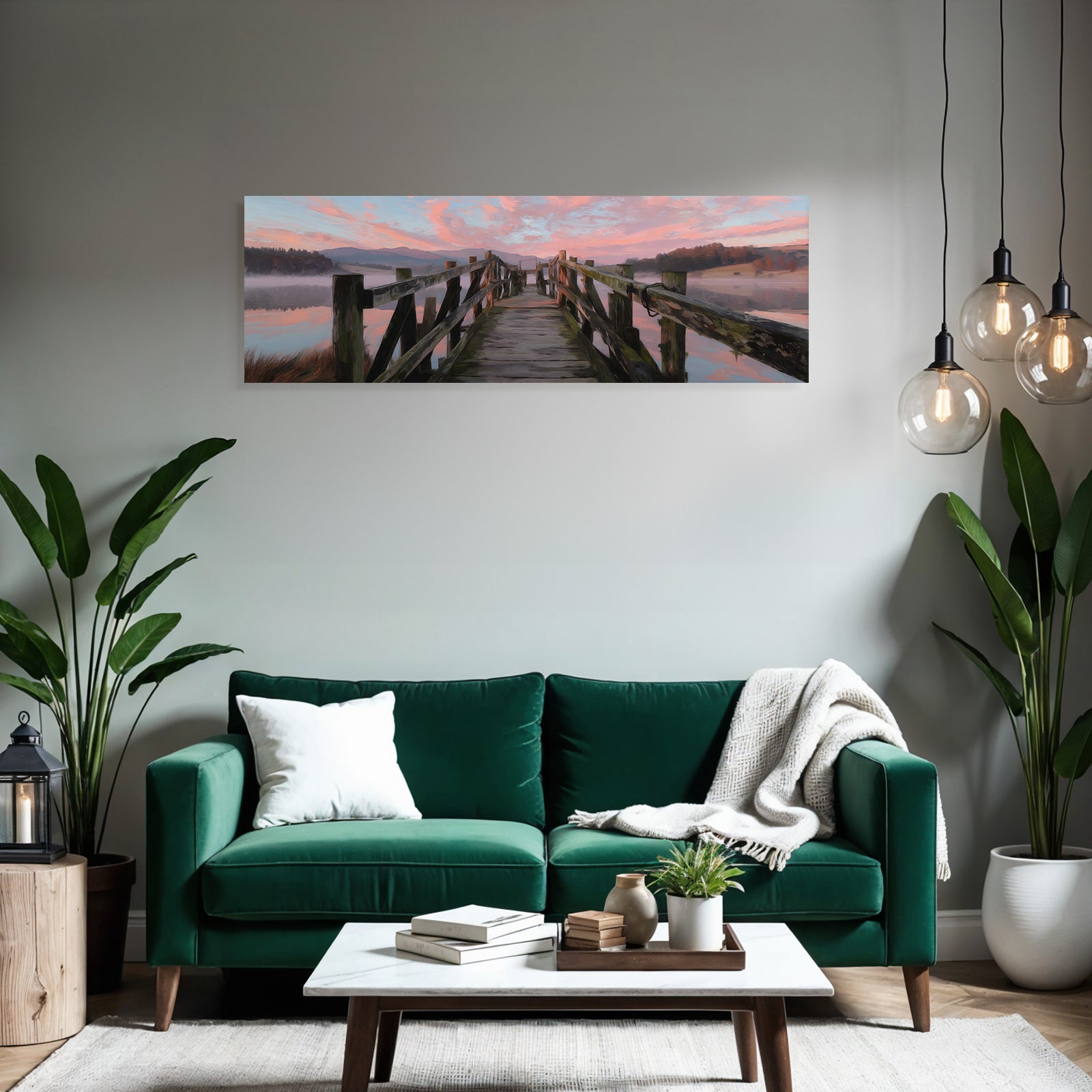 Sunrise on a wooden pier near mountains and calm water
