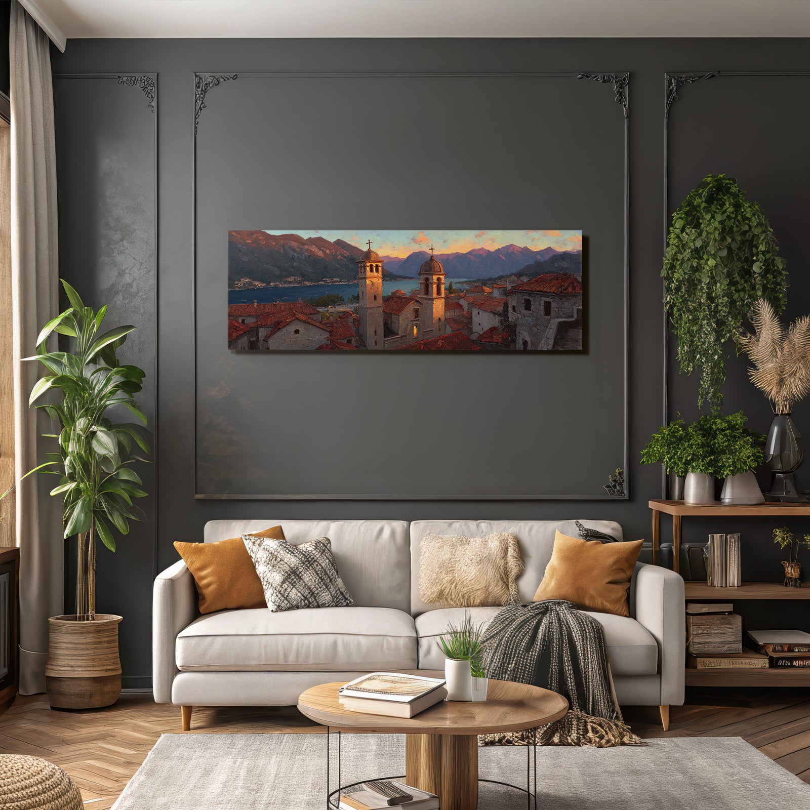 Sunset in Mediterranean coastal town with terracotta roofs and mountains