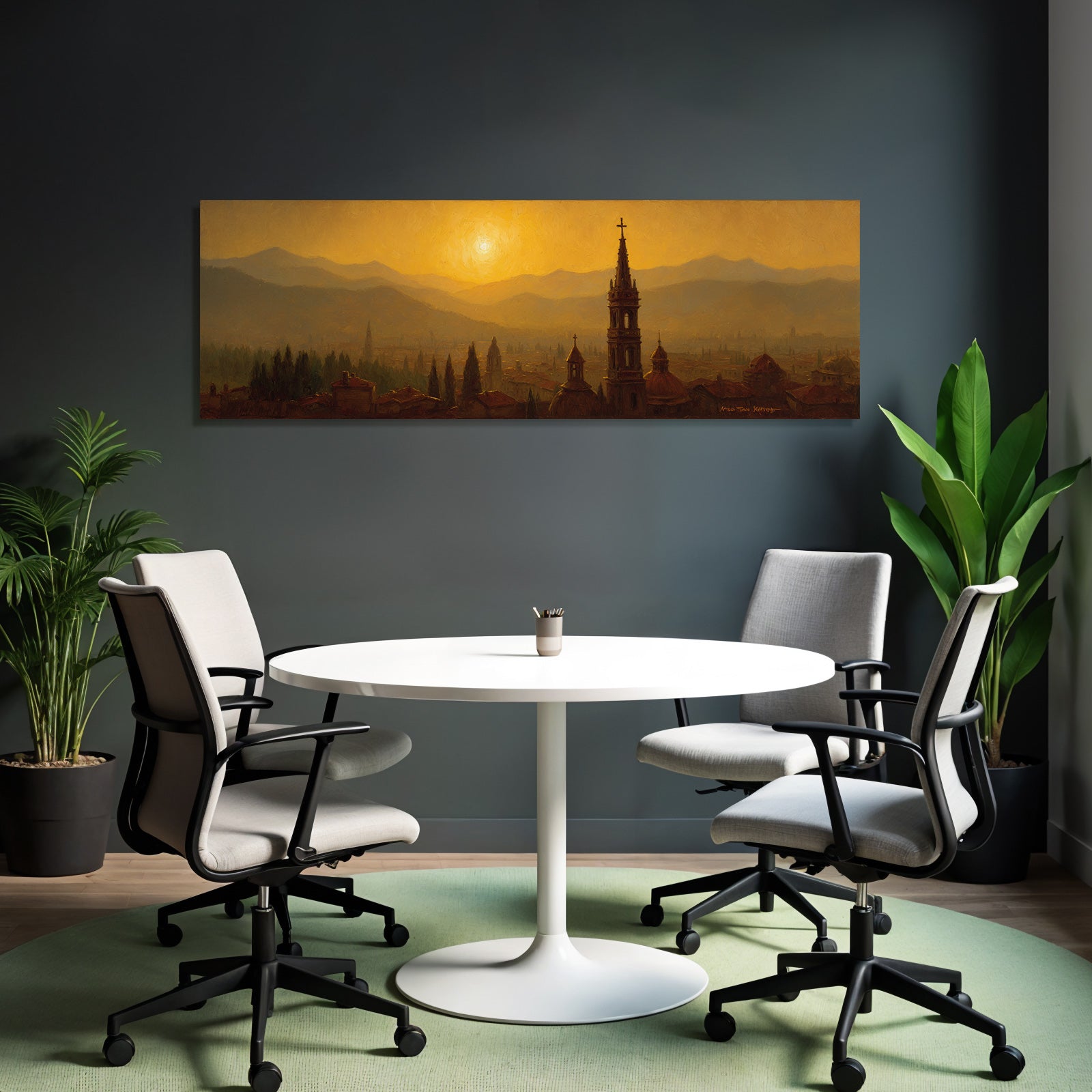 Cityscape with domes, spires and mountains at sunset
