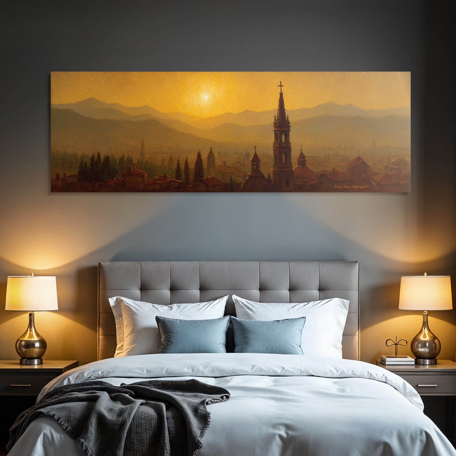 Cityscape with domes, spires and mountains at sunset