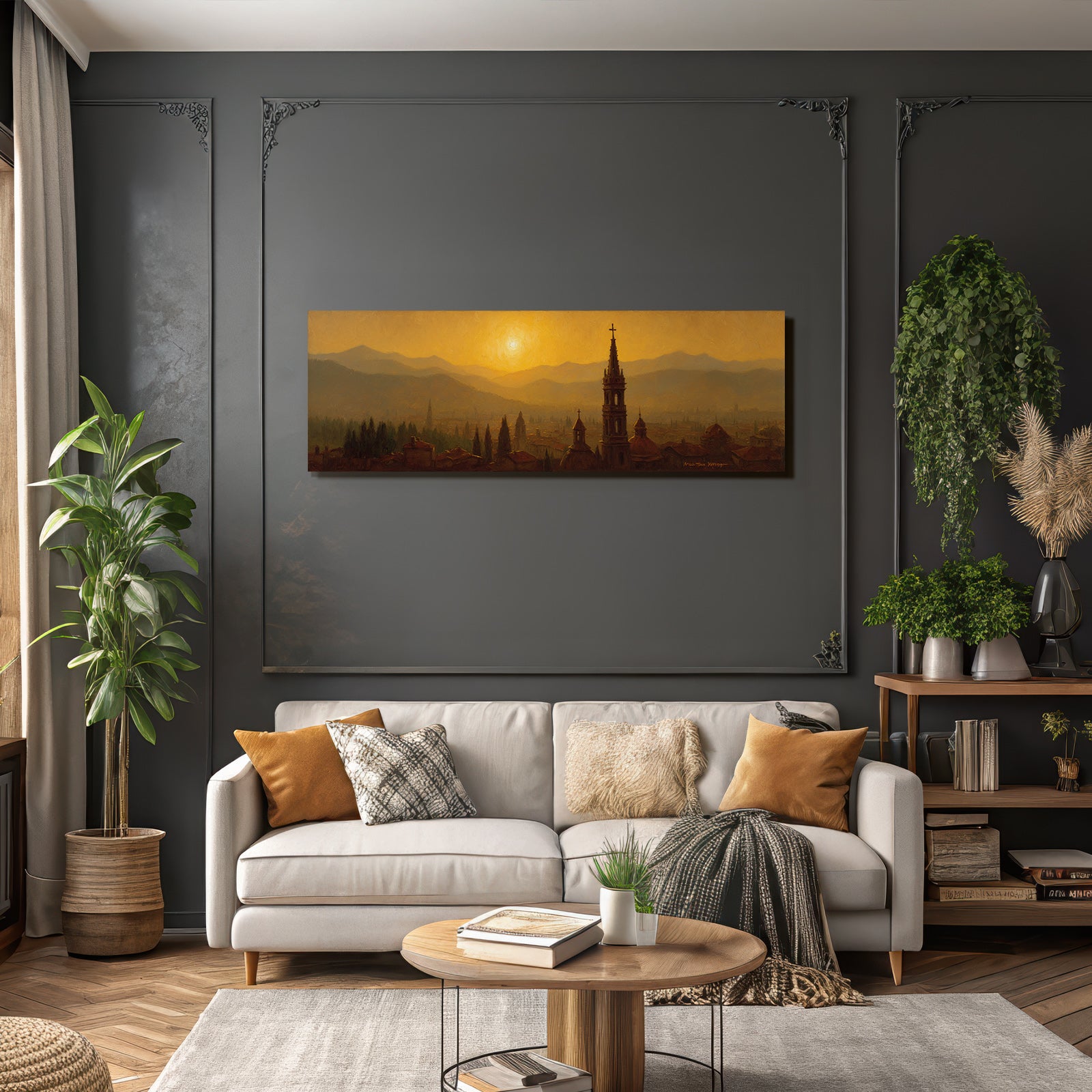 Cityscape with domes, spires and mountains at sunset