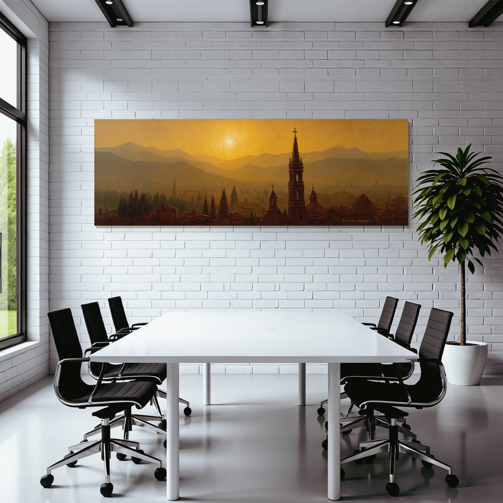 Cityscape with domes, spires and mountains at sunset