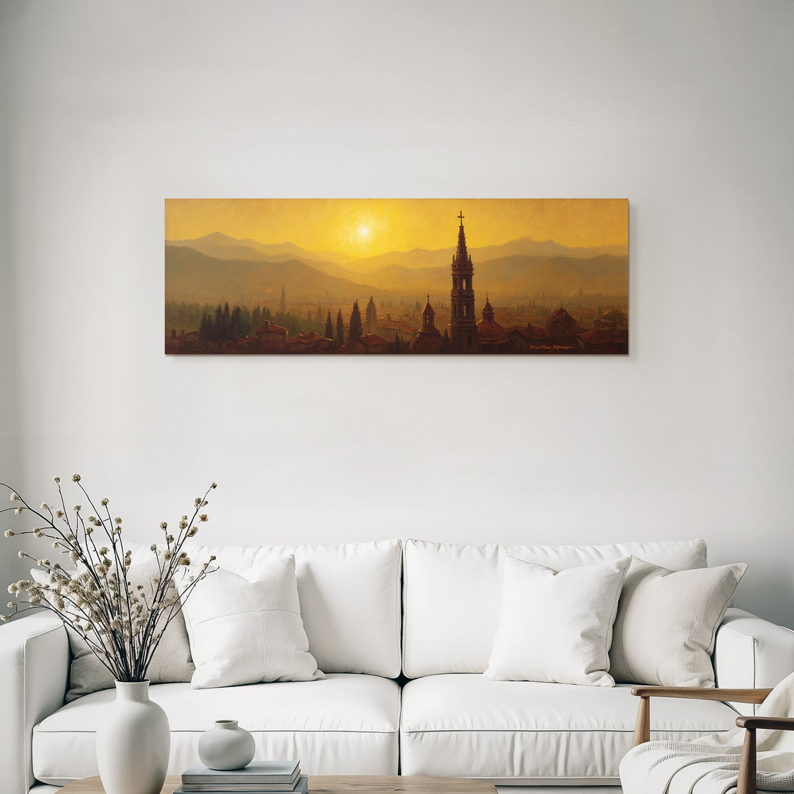 Cityscape with domes, spires and mountains at sunset