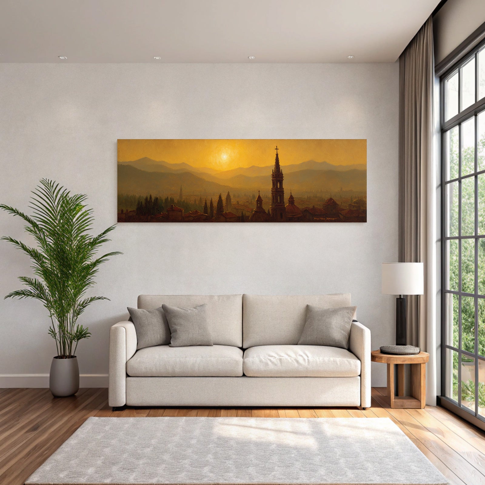 Cityscape with domes, spires and mountains at sunset