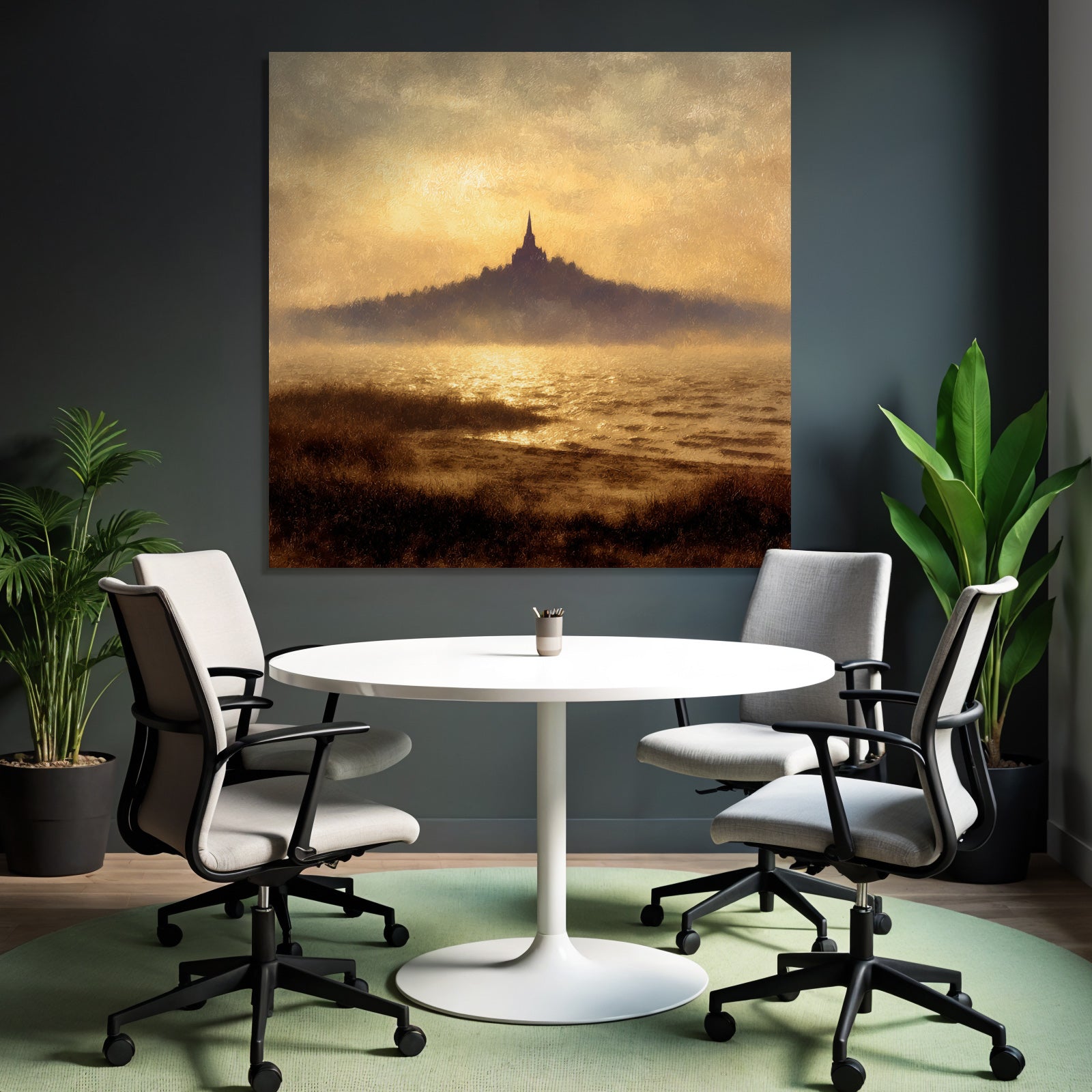 Silhoütte Eines Hügels Mit Turm Und Wasserreflexion Vor Goldenem Sonnenuntergang