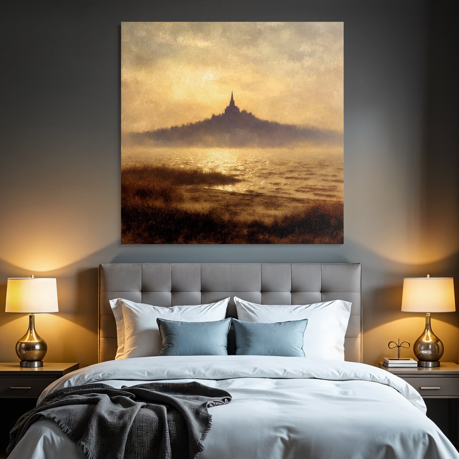 Silhoütte Eines Hügels Mit Turm Und Wasserreflexion Vor Goldenem Sonnenuntergang