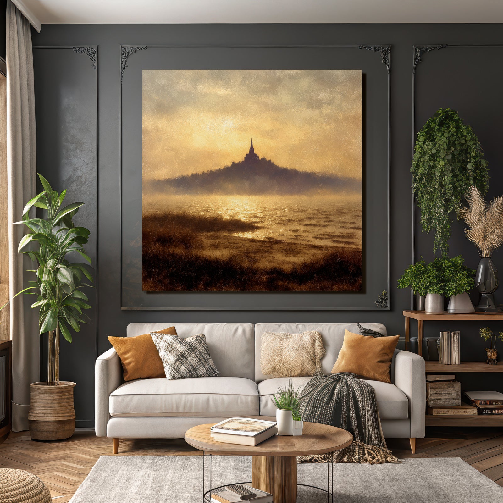 Silhoütte Eines Hügels Mit Turm Und Wasserreflexion Vor Goldenem Sonnenuntergang