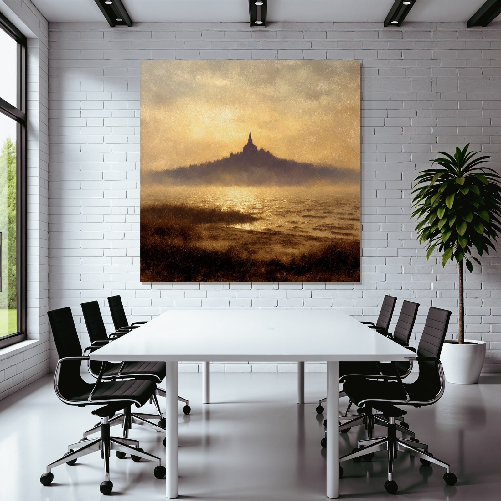 Silhoütte Eines Hügels Mit Turm Und Wasserreflexion Vor Goldenem Sonnenuntergang